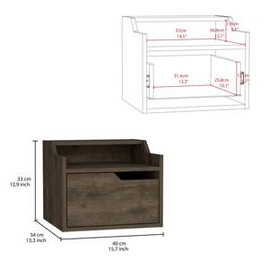 Mesita de Noche Flotante Moderna con un Cajón, Madera Oscura, Dos Niveles, Estante Superior, Mesa Auxiliar Montada en la Pared - Product Image 3