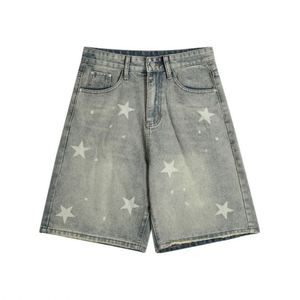 Short en jean imprimé étoile à cinq branches imprimé DTG personnalisé Jorts amples droits à jambe large blancs délavés pour hommes Taille d'été pour hommes - Product Image 1