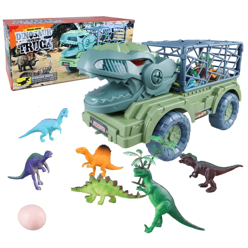 Venta al por mayor coche de almacenamiento de dinosaurios con 6 Dino spray de fumar con sonidos ligeros fricción Pull Line Dinosaur Truck para niños