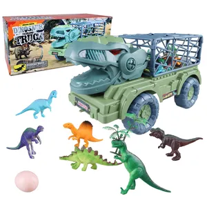 Wholesale Dinosaur Storage Car with 6 Dino spray smoking with light sounds friction Pull Line Dinosaur Truck for kids
