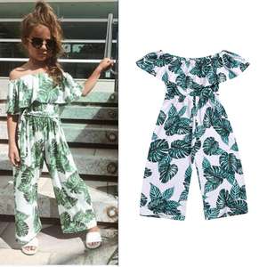 Summer Clothing Leaves Printed Off Shoulder Jumpsuit Kid Girl High Waist Wide Leg Pants <b>Sunsuit</b> Kids Baby Girl Romper - Product Image 2