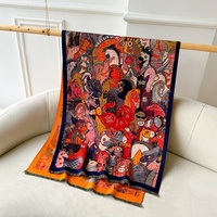 Selendang Rajut Jacquard Gaya Artistik Vintage Motif Kucing, Besar, Bolak-Balik, Berumbai, Hangat, Cocok untuk Musim Gugur dan Dingin, Ruangan Ber-AC, Wanita