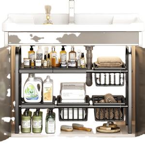 Carbon Steel 2-Tier <b>Under</b>-Sink Kitchen Storage Rack with Base Plate and Basket Kitchen Sink Organizer for Kitchen Bathroom - Product Image 1