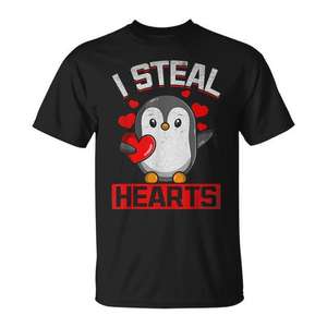 Camiseta I Steal Hearts Penguin, negra, con cuello redondo, unisex, manga corta, impresión digital, diseño del día de San Valentín - Product Image 1