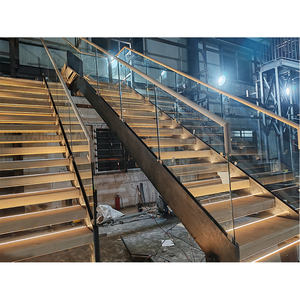 Elegante Escalera Recta Tipo Loft con Barandilla de Doble Lado y <span class=keywords><strong>Balaustre</strong></span> de Vidrio Templado sin Marco y Escalones de <span class=keywords><strong>Madera</strong></span> Lisos - Product Image 1