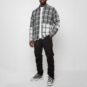 เสื้อเชิ้ตผ้าแฟลนเนลผู้ชายสั่งทำขายส่ง ลายตารางสีเทาผสมสี  แบบดิสเทรส - Product Image 5