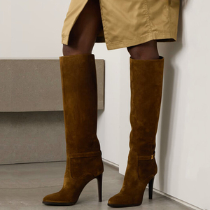 Stivali Alti al Ginocchio da <span class=keywords><strong>Donna</strong></span> in Camoscio a Pianta Larga, Scarpe con Tacco per <span class=keywords><strong>Donna</strong></span> Taglie Forti 46, Stivaletti Lunghi a Punta Slip-On Tinta Unita - Product Image 1