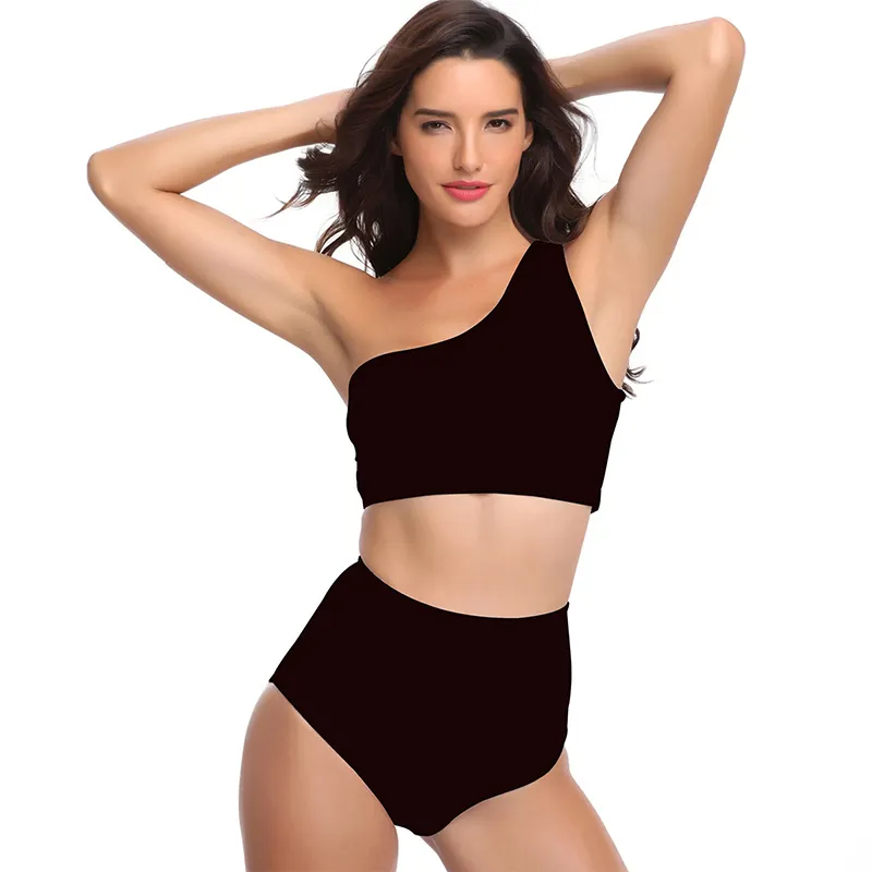 Baju Renang Olahraga Satu Bahu Wanita Baju Renang Hitam Terpisah Set Bikini Pinggang Tinggi 2 Potong Push Up Crop Top Wanita Pakaian Renang Bikini