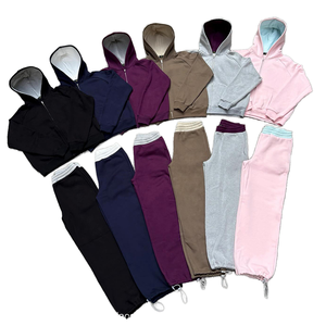 Conjunto de chándal de algodón grueso personalizado, con sudadera con capucha de cremallera completa y pantalones de chándal de dos piezas, estilo oversize de forro polar - Product Image 1