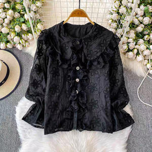 Blusa <span class=keywords><strong>de</strong></span> verano Premium para mujer elegante Socialite juvenil encaje Patchwork <span class=keywords><strong>de</strong></span> gama alta bordado campana manga cuello tejido sólido - Product Image 4