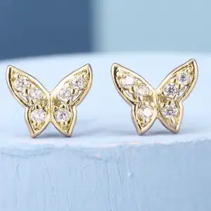 定制蝴蝶水晶锆石小银耳钉形镀金玫瑰耳环
