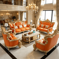 Canapé en cuir orange à accoudoirs enroulés avec cadre doré, prêt à l'emploi, pour salon, villa, hall, restaurant, salle de séjour