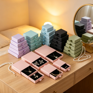 Boîte à bijoux en carton avec tiroir coulissant multicolore, insert en velours noir, logo personnalisé imprimé, petite boîte de rangement pour bijoux, boîte cadeau - Product Image 2