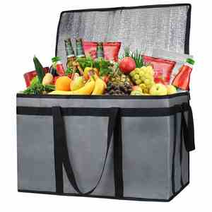Sac isotherme à grande capacité avec fermeture éclair noire, sac d'épicerie en tissu non tissé résistant, facile à nettoyer/pliable pour conserver les aliments - Product Image 2