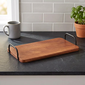 Premium Wooden <b>Serving</b> <b>Tray</b> with <b>Black</b> Metal Handles Perfect for Kitchen Dining Hotel and Home Decor Stylish and Durable - Product Image 1
