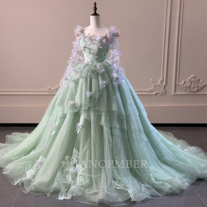 XS293 Glitter Mint Green <b>Ruffle</b> Evening Ball Gown <b>Dresses</b> With Sleeve - Product Image 2
