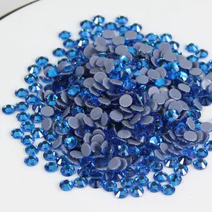 Easy Bling Short Nail Gesigns K9 Hotfix Nail Art Round Glass Flatback Dots Sapphire Blue Rhinestones