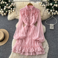 Robe Courte Élégante en Chiffon pour Femme WIWT, Col Montant, Manches Longues Lanterne, Ourlet Volanté, Idéale pour Soirées Décontractées