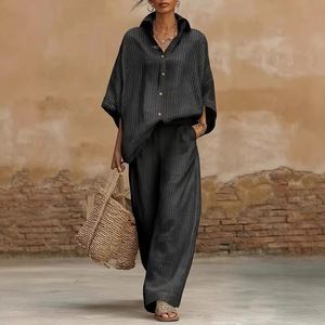 Conjunto de Dos Piezas para Mujer, <span class=keywords><strong>Camisa</strong></span> Informal de Lino con Botones, Pantalones Anchos de Cintura Alta, Conjunto Deportivo a Juego - Product Image 3