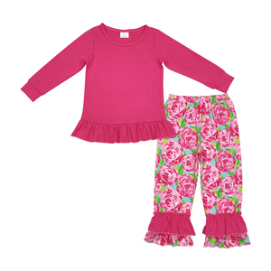 RTS NO MOQ Sweet Girl Boutique Hot pink flores otoño trajes niños al por mayor niño niña ropa de manga larga - Product Image 1