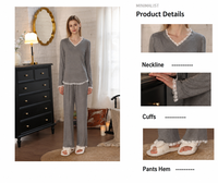 Ensemble de vêtements d'intérieur pour femmes de haute qualité, faible MOQ, doux pour la peau, en tricot côtelé, col en V, bordé de dentelle, pour hôtel, spa, relaxation