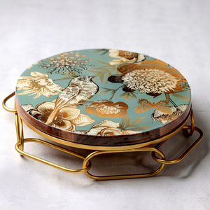 Premium Round Cake <b>Stand</b> With Floral <b>Bird</b> Design Gold Metal Base Handmade Decorative Dessert Holder - Product Image 1