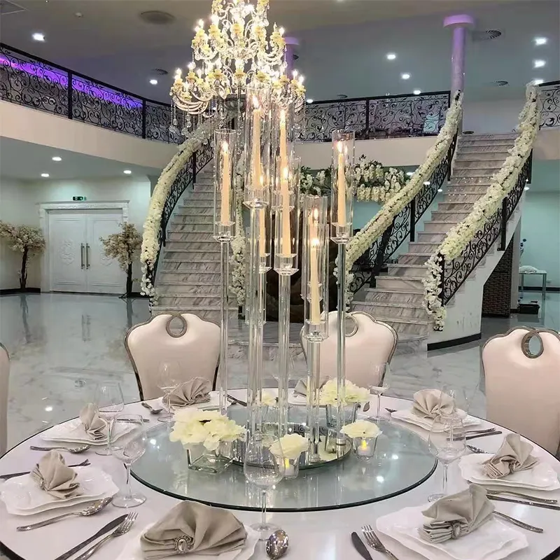 DEXI-centro de mesa de comedor para boda, candelabro de cristal con 9 brazos y tubo de cristal alto, centros de mesa, venta al por mayor