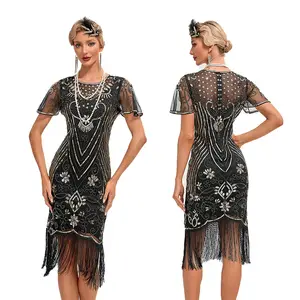 Gaun Flapper 1920s wanita, gaun pesta kostum jala wanita ukuran Plus S-4XL Vintage Gatsby warna payet rumbai 20s