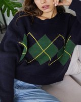 Pull tricoté surdimensionné à motif losanges pour femme, style vintage décontracté et preppy, collection automne 2026
