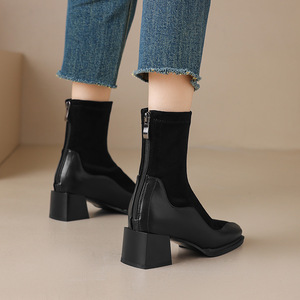 2026New Elegant Women Shoes Brown Leather Suede Spliced Ankle Boots With Square Toe and <b>Block</b> Heel Shopping and Travel - Product Image 3