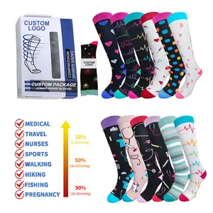 Custom women spring medical nurse compress stocking colorful knee high 15-20 mmhg compression socks