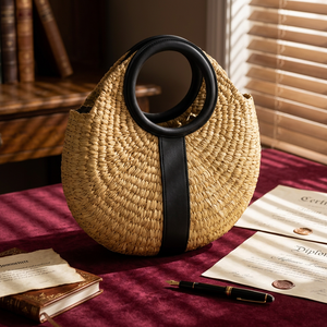 Straw Woven Embroidery Tote <b>Bag</b> with Black Handle Bohemian Style Open Top All Season Summer <b>Beach</b> <b>Bag</b> <b>for</b> Women - Product Image 1