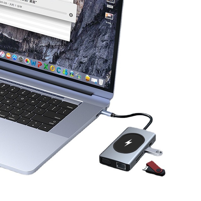 OEM ODM 9 in 1 USB Type C Hub 4K 60Hz Docking Station Wireless Charging USB-C Adapter Aluminum Alloy in Stock