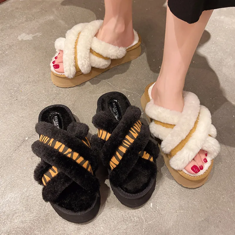 Thick Bottom Slippers Cross Strap Plush Upper Stylish Home Foam Slides Warm 2022 Open Toe Winter Shoes For Women