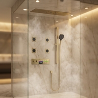 Ensemble de robinetterie de douche murale OEM moderne en cuivre brossé avec affichage de la température, commande par bouton, thermostatique, massage, pluie, pour hôtel