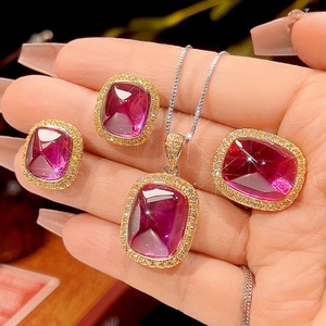 Wholesale Eco-friendly Copper Gold Plated 12*16/10*12mm Square Sugar Red Zircon Jewelry <b>Sets</b> With <b>Earrings</b> Necklace and Pendant - Product Image 3