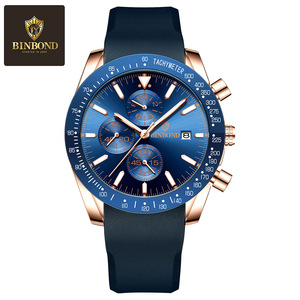 Binbond Men's Chronograph Watch Blue Dial Rose Gold Case Waterproof 30M Stainless Steel Strap Quartz Watch - Product Image 5