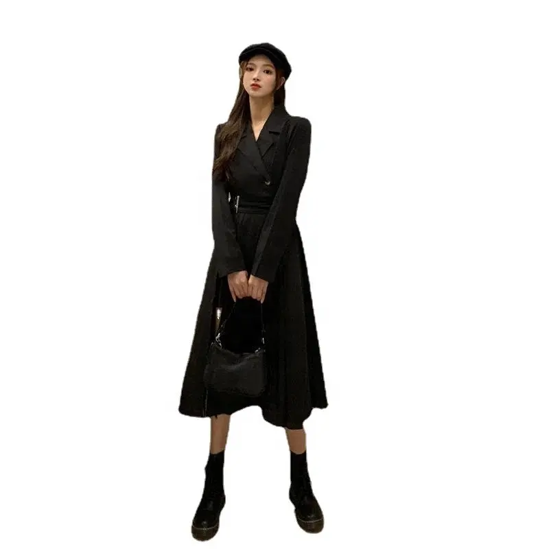 Long Sleeve Collect Waist Design Sense Dress Hepburn Wind Cool Slit Black Dress