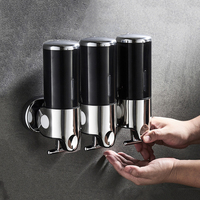 Distributeur de savon mural pour salle de bain, hôtel, Airbnb, sans perçage, avec levier en T, rechargeable, triple pompe