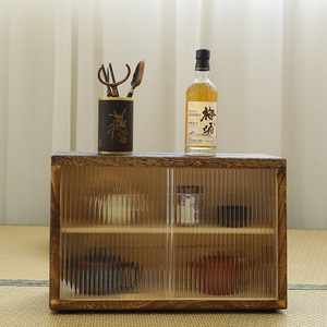 Retro paulownia wood cup rack, sliding tabletop <b>sideboard</b>, multi-layer tea set, coffee cup <b>storage</b> cabinet, water cup holder - Product Image 4