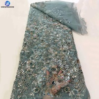 Sinya 5 Yardas de Encaje Francés de Lujo con Cuentas de Cristal y Lentejuelas 3D, Malla de Tul Africana de Alta Calidad con Cuentas para Vestidos de Novia