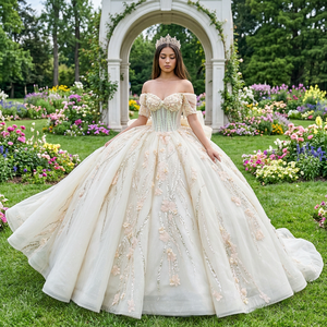 ชุดราตรีงานพรอมสีเบจหรูหรา Lsmc133 ประดับด้วยลูกไม้ แต่งระบายช่วงเอว ด้านหลังผูกเชือก เหมาะสำหรับงาน Quinceanera และงานปาร์ตี้ - Product Image 1