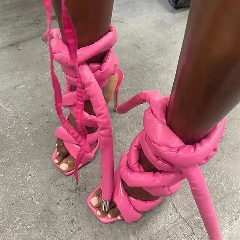 Oversized Shoelaces Women Peep Toe Sandals Fashion Ladies Ankle Lace-Up High Heels Shoes Sexy Square Toe Mujer Thin Heels Pumps