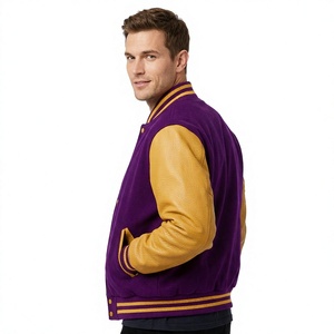 Chaqueta Varsity de Lana Morada para Hombre con Mangas de Cuero Dorado, Cuello Alto y Diseño Color Block - Product Image 5