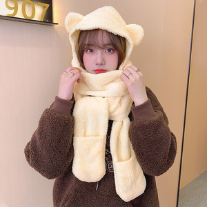 Cute Bear Hat And Scarf Set Winter Warm Fleece Three Piece Adult Stylish Commute Solid Color - Product Image 3