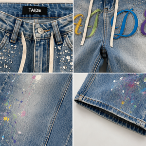 Jean Baggy Large TaiDe SA8000 Audited avec Patch Chenille Multicolore, Strass et Effet Peinture Éclaboussée en Denim pour Homme – Prêt à Expédier - Product Image 2