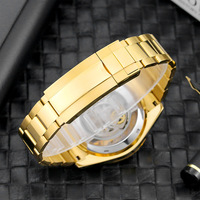 Montre-bracelet automatique pour homme, boîtier doré, cadran squelette noir, lunette rotative, bracelet en acier inoxydable, montre décontractée