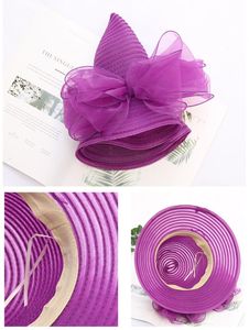 Organza Church Fascinator Wedding Tea Party Derby <span class=keywords><strong>Sombreros</strong></span> para mujer Flor de ala ancha Sombrero para el sol con cinta de satén - Product Image 4