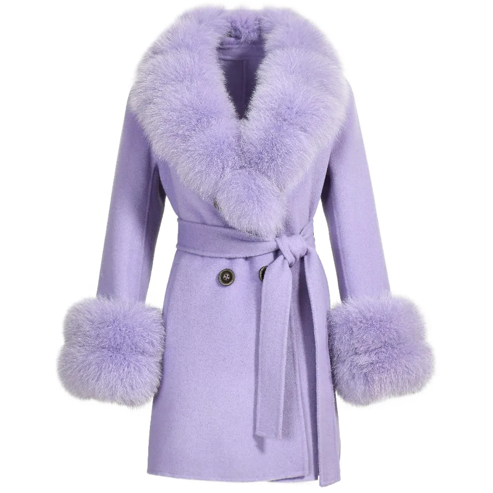 Popular Ladies Short Cashmere Wool Blend Coat With Real Fox Fur Collar And Cuffs Wholesale Custom Women Cashmere Coat