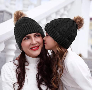 Manufacturer Parent-Child Hat Warmer Winter Warm Knit Hat Real <strong>Pom</strong> Family Crochet <strong>Beanie</strong> Ski Cap for Mother Baby Daughter/Son - Product Image 2